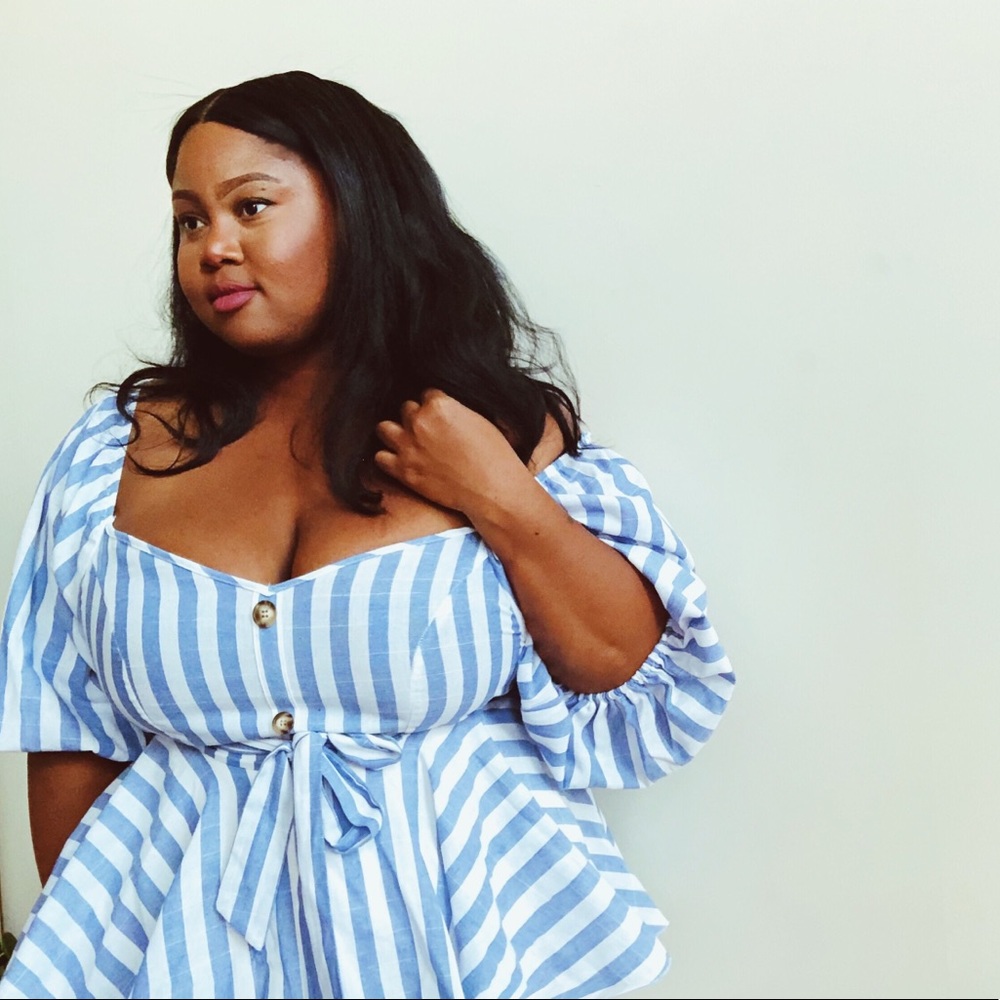 Striped Peplum Top with Button Front Belt